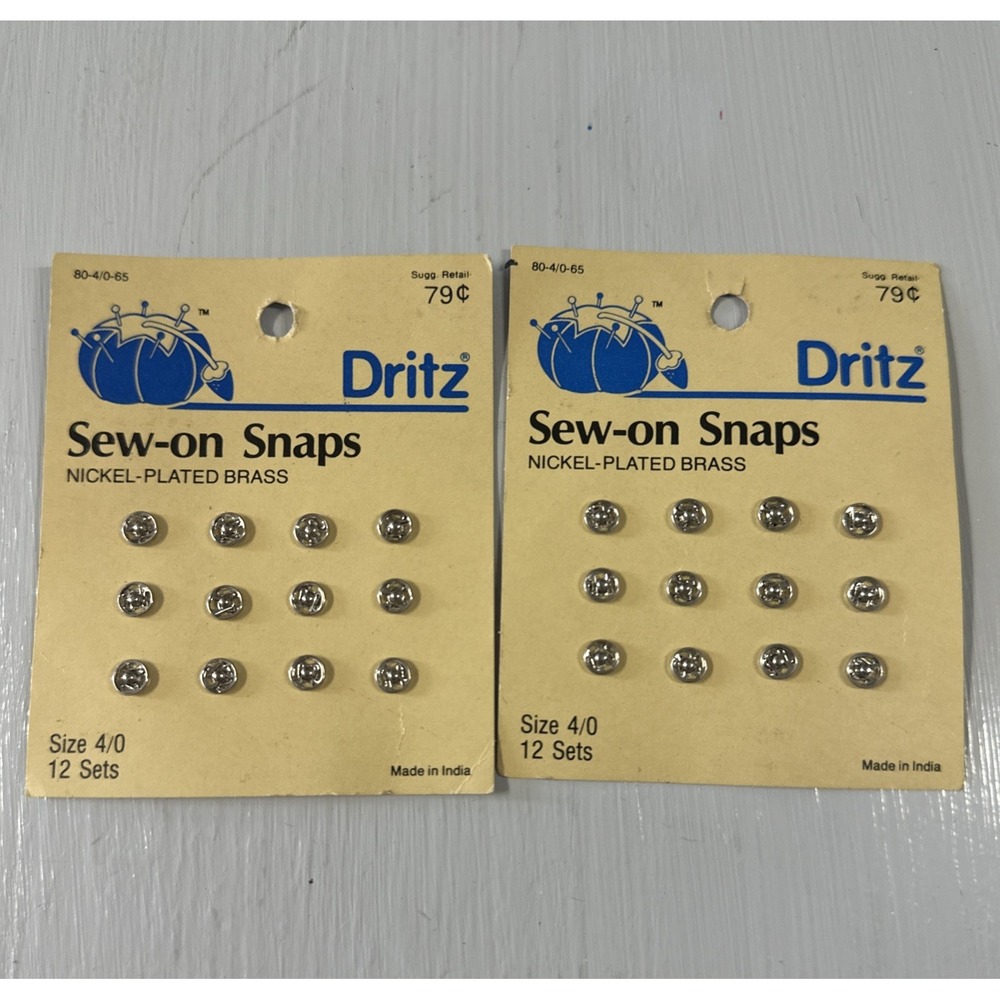 Vintage (2) 1988 Dritz Sew-On Snaps Nickel Plated Brass 12-Size 4/0